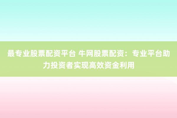 最专业股票配资平台 牛网股票配资：专业平台助力投资者实现高效资金利用